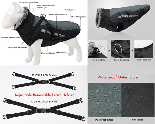 Large Dog Warm Winter Waterproof Vest, Weatherproof Warm Coat for Big Dogs