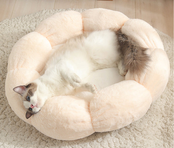 Round Flower Cat and Dog Bed, Plush Flower Padded Pet Cave