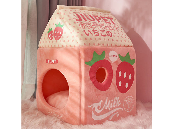 Strawberry Milk Cat House, Pink Milk Carton Kitten House, Kawaii Cute Cat Cave
