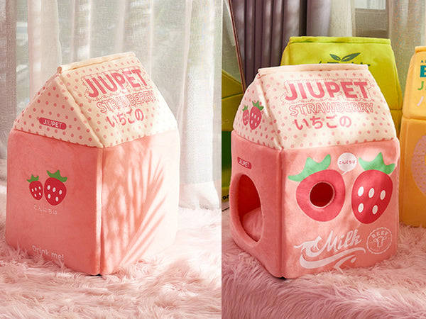Strawberry Milk Cat House, Pink Milk Carton Kitten House, Kawaii Cute Cat Cave