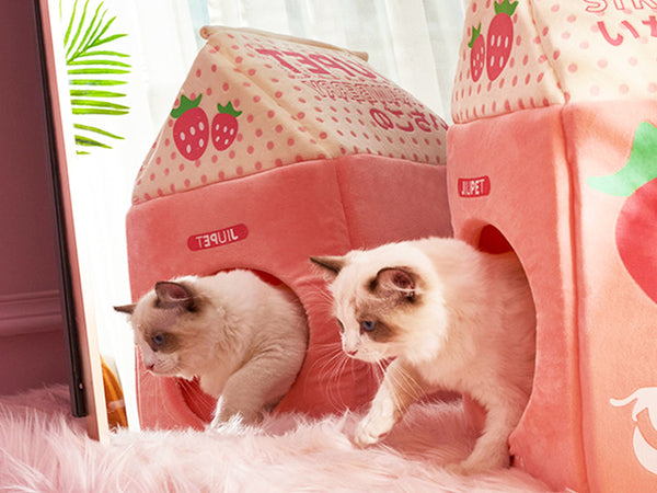 Strawberry Milk Cat House, Pink Milk Carton Kitten House, Kawaii Cute Cat Cave