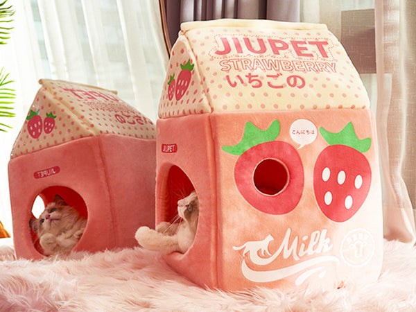 Strawberry Milk Cat House, Pink Milk Carton Kitten House, Kawaii Cute Cat Cave